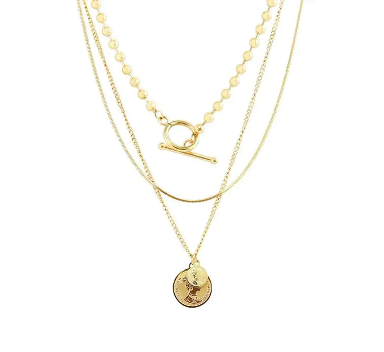 Vintage Double Round Card Queen Portrait OT Style Multilayer Necklace