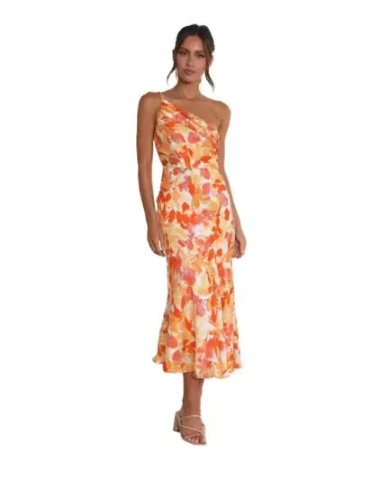 Elegante vestido midi de un solo hombro con estampado floral