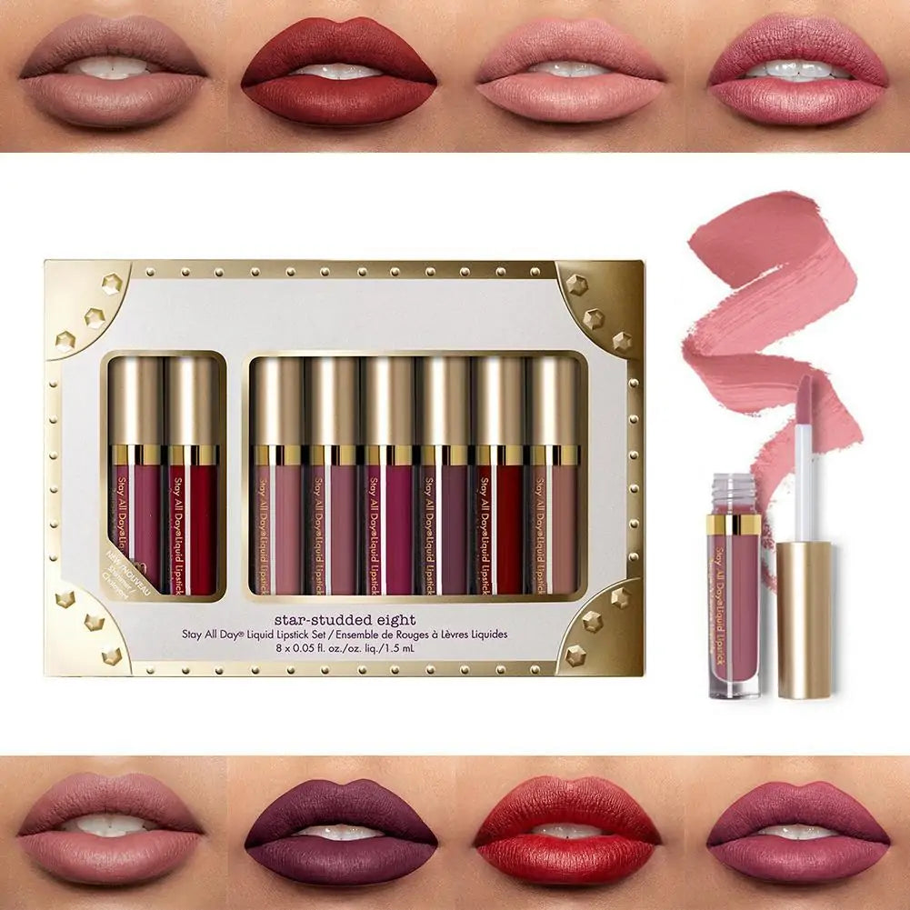 8 piezas de brillo de labios profesional, maquillaje resistente al agua, lápiz labial mate no pegajoso