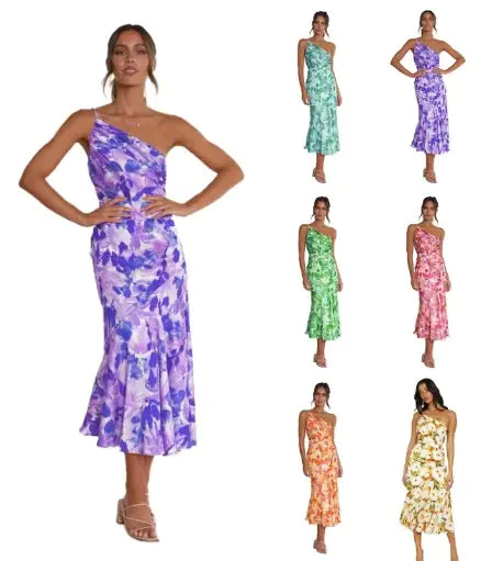 Elegante vestido midi de un solo hombro con estampado floral