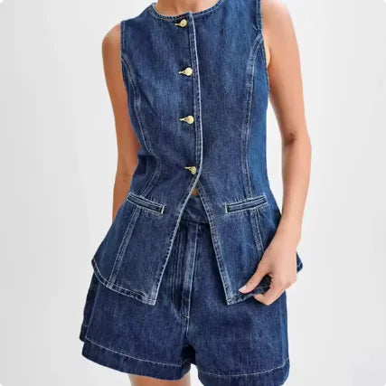 Conjunto de dos piezas de mezclilla sin mangas para mujer