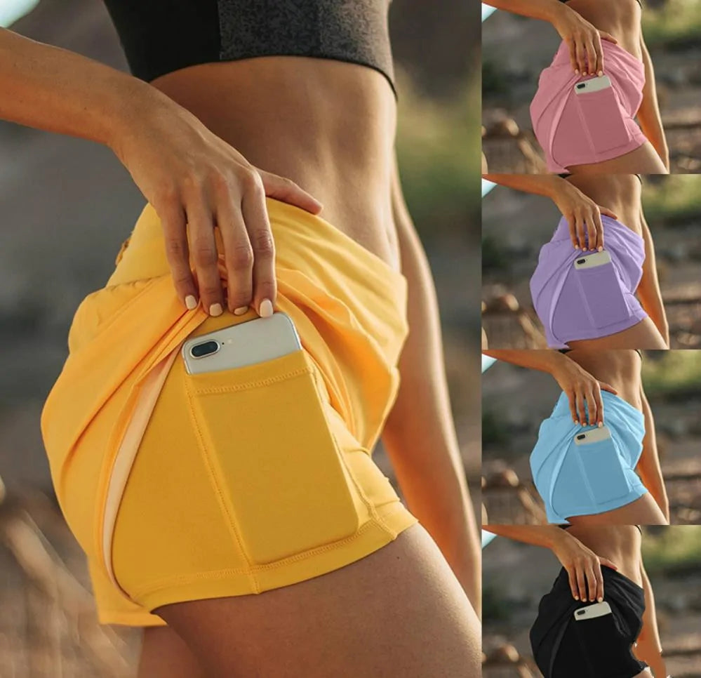 Pantalones cortos de running de cintura alta y doble capa para mujer