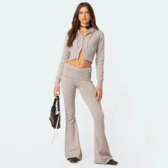 Women's High-Waist Knit Hooded Set: Fashionable Long-Sleeve Top & Trousers