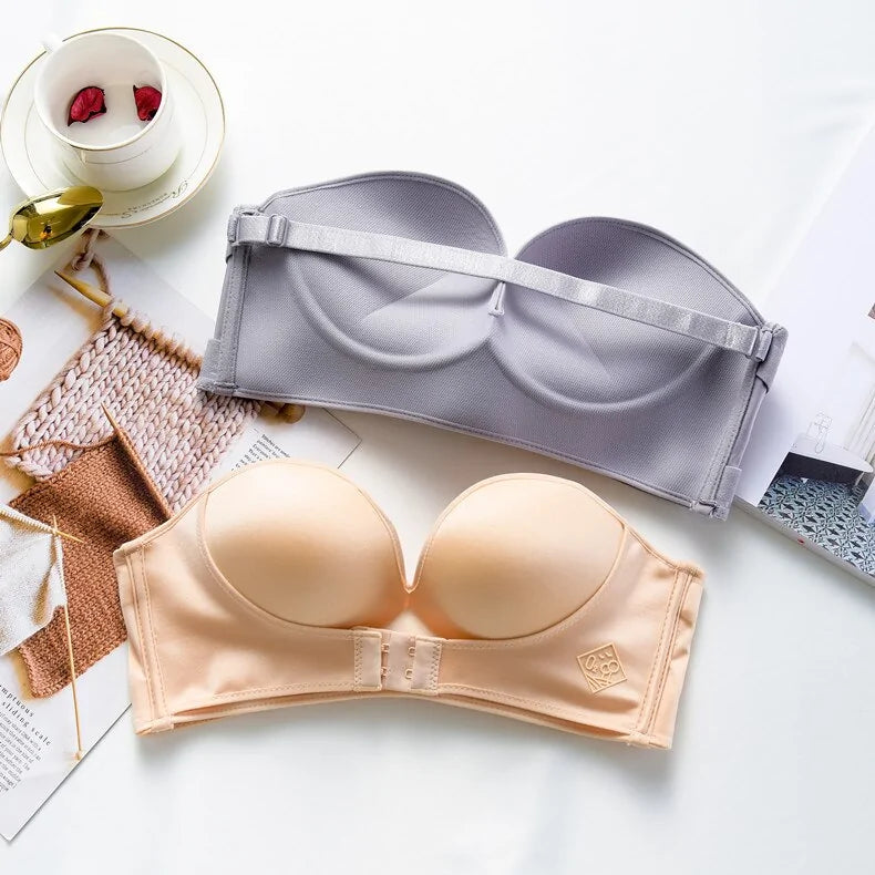 Sujetador push-up con hebilla delantera y trasera: diseño sin tirantes en V profundo, sin aros, lencería gruesa