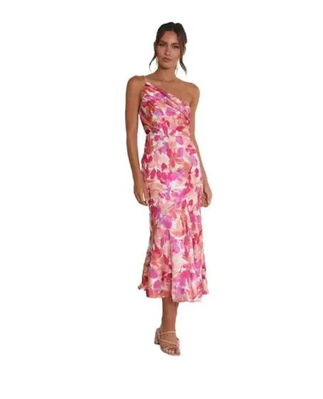 Elegante vestido midi de un solo hombro con estampado floral