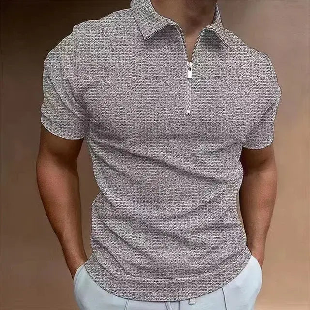 Polo de manga corta con cremallera y diseño de gofres para hombre, novedad de verano