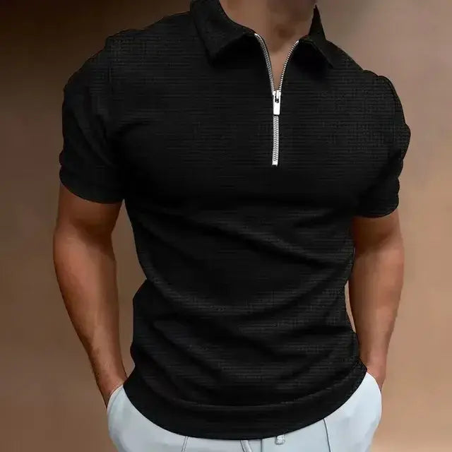 Polo de manga corta con cremallera y diseño de gofres para hombre, novedad de verano