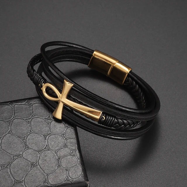 Pulsera clásica de cuero multicapa tejida a mano