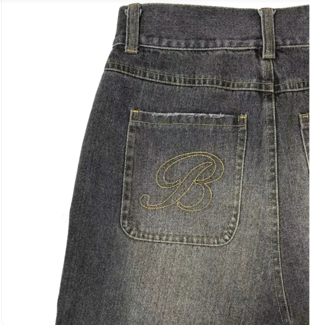 Pantalones cortos vaqueros con letras retro de marca de moda holgados para hombre de nueva moda