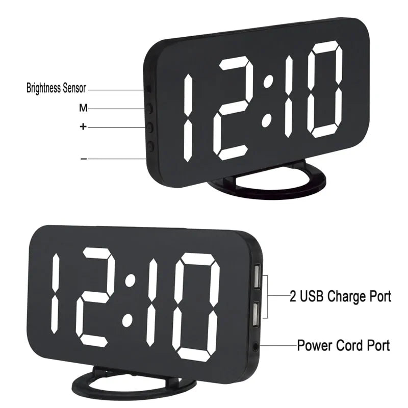 Reloj despertador digital con pantalla LED y 2 puertos de salida USB