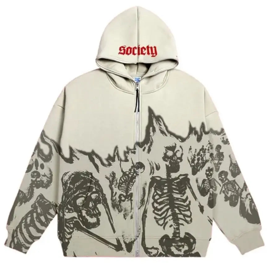 Sudadera con capucha y cremallera con esqueleto de llamas