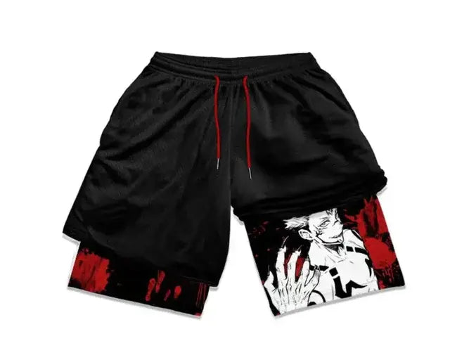 Pantalones cortos de anime de doble capa para hombre para deportes de verano