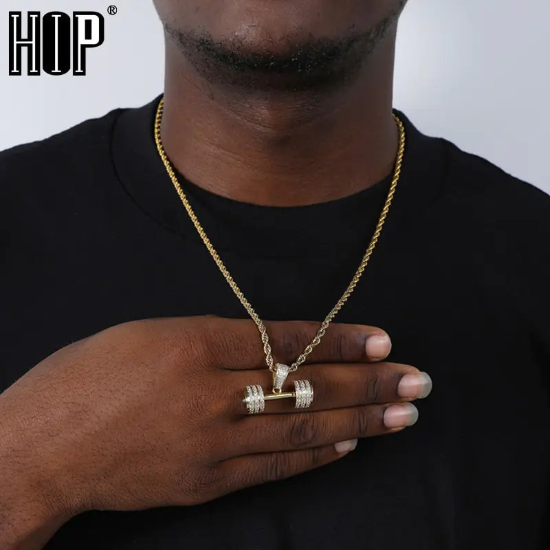 Mancuernas de gimnasio con cadena de cuerda y diamantes de imitación brillantes estilo hip hop