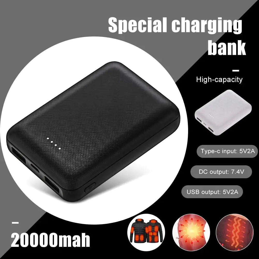 Banco de energía de 20000 mAh, cargador USB portátil, paquete de batería externa de carga rápida para calentar chalecos, chaquetas, bufandas, calcetines, guantes, equipo