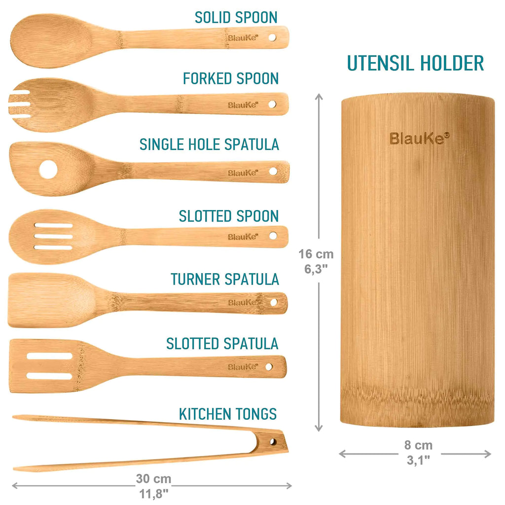 Juego de utensilios de cocina de bambú, paquete de 8: utensilios de cocina de madera antiadherentes: cucharas de cocina de madera, espátulas, espátulas, pinzas y soporte para utensilios