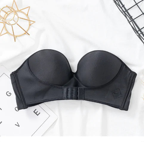 Sujetador push-up con hebilla delantera y trasera: diseño sin tirantes en V profundo, sin aros, lencería gruesa
