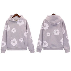 Flame Wood Cotton Puff Print Loose Velvet Padded Hooded Sweatshirt