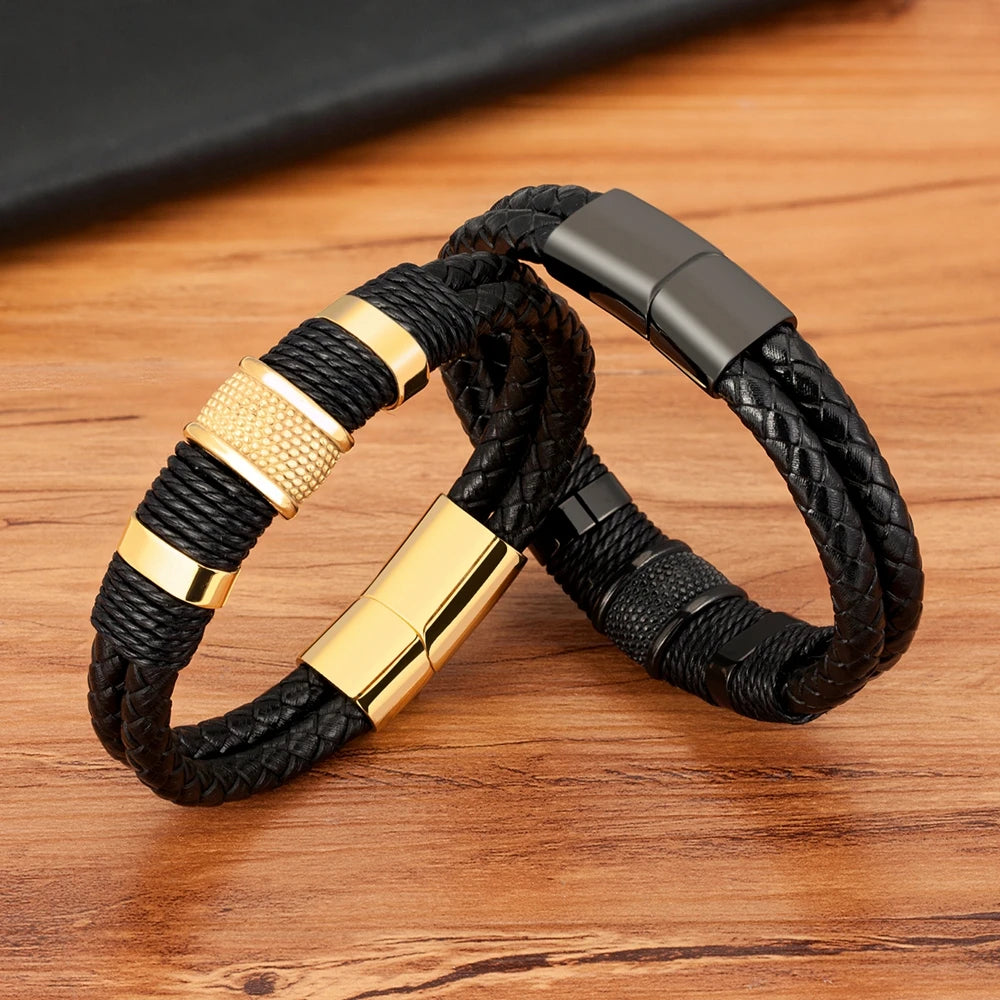 Pulsera de cuero tejido de doble capa para hombre XQNI