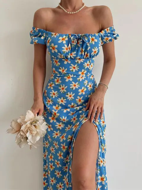 Vestido de fiesta cruzado hasta la cadera con manga corta y estampado floral