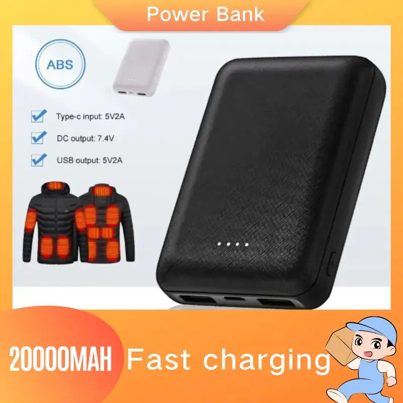 Banco de energía de 20000 mAh, cargador USB portátil, paquete de batería externa de carga rápida para calentar chalecos, chaquetas, bufandas, calcetines, guantes, equipo