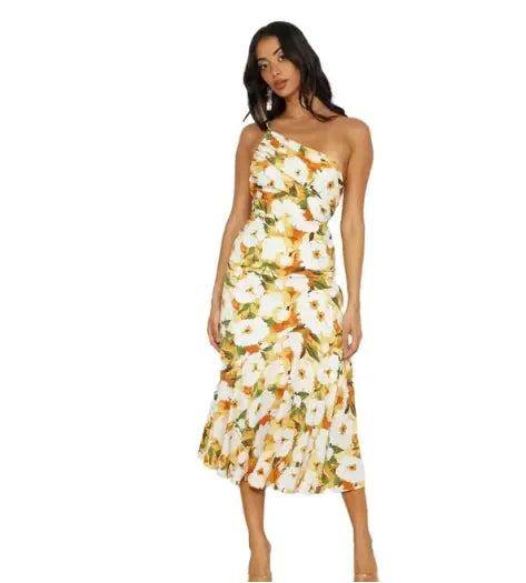 Elegante vestido midi de un solo hombro con estampado floral