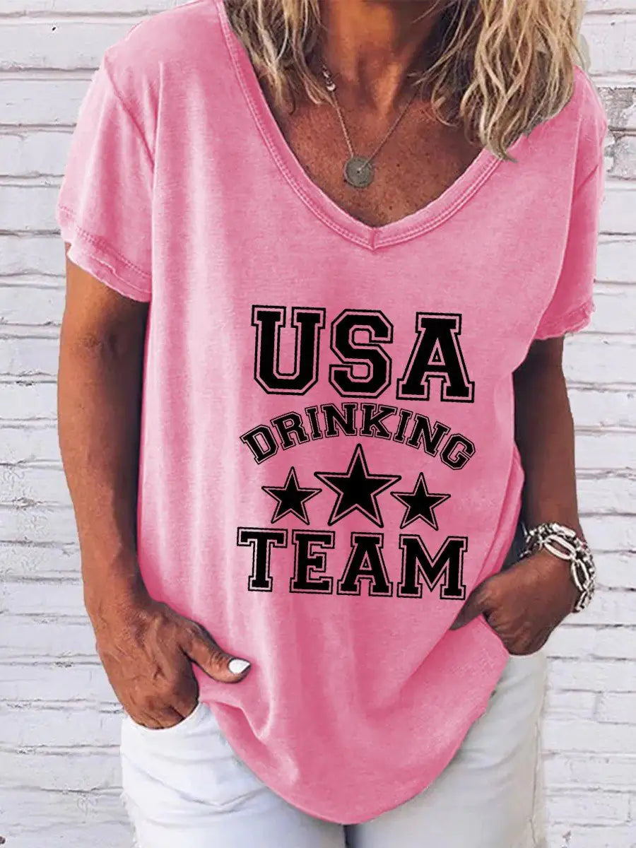 Camiseta estampada para mujer con el "Equipo de bebedores de EE. UU."