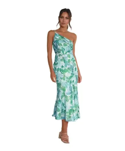 Elegante vestido midi de un solo hombro con estampado floral