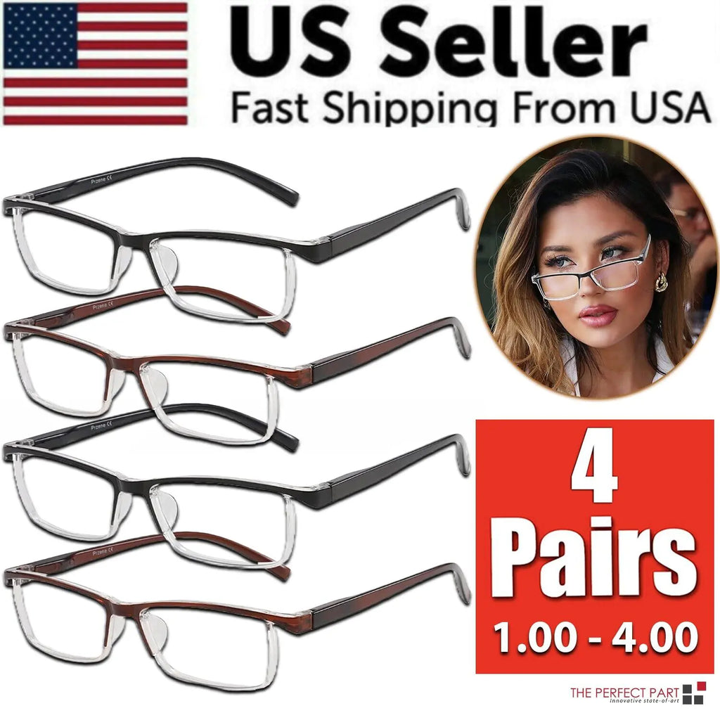 Paquete de 4 pares de gafas de lectura unisex con montura cuadrada y bisagra de resorte para hombre y mujer
