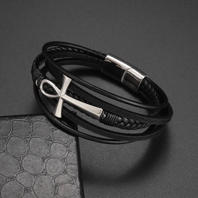 Pulsera clásica de cuero multicapa tejida a mano