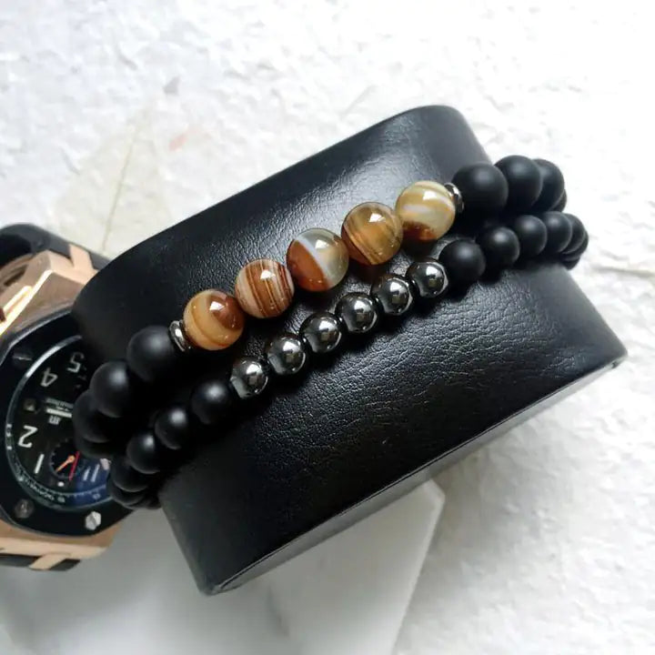 Pulsera doble de cuentas de Buda con mantra de hematita negra y cuentas de piedra natural