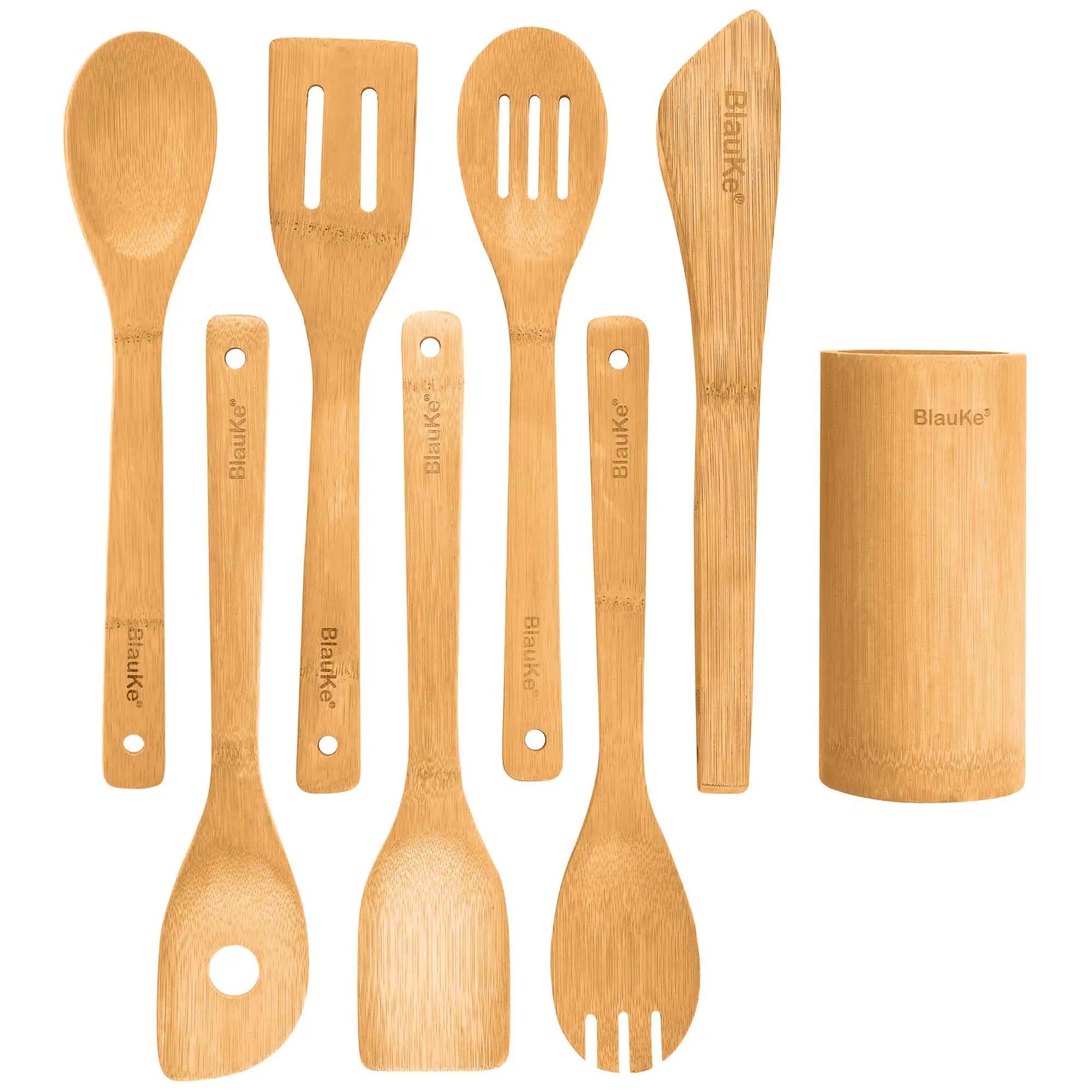 Juego de utensilios de cocina de bambú, paquete de 8: utensilios de cocina de madera antiadherentes: cucharas de cocina de madera, espátulas, espátulas, pinzas y soporte para utensilios