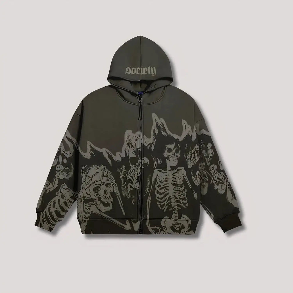 Sudadera con capucha y cremallera con esqueleto de llamas