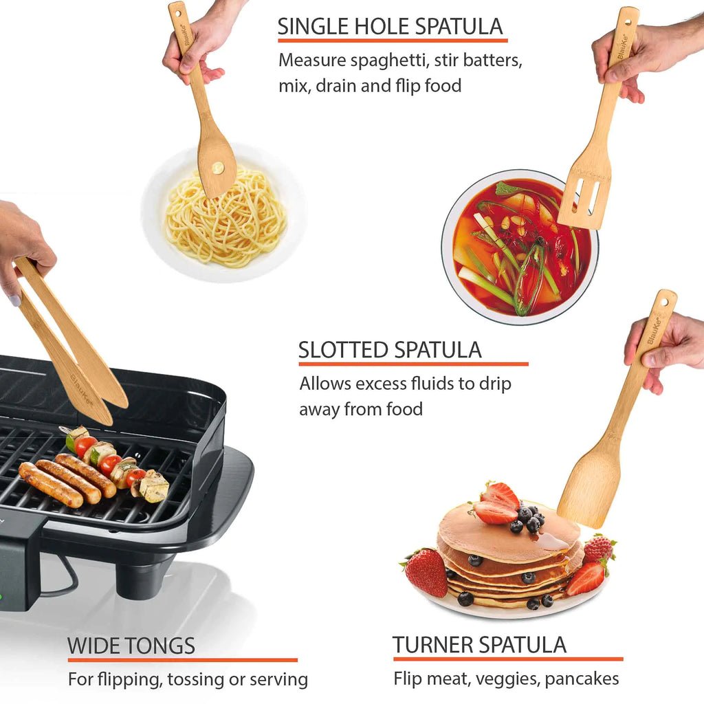 Juego de utensilios de cocina de bambú, paquete de 8: utensilios de cocina de madera antiadherentes: cucharas de cocina de madera, espátulas, espátulas, pinzas y soporte para utensilios