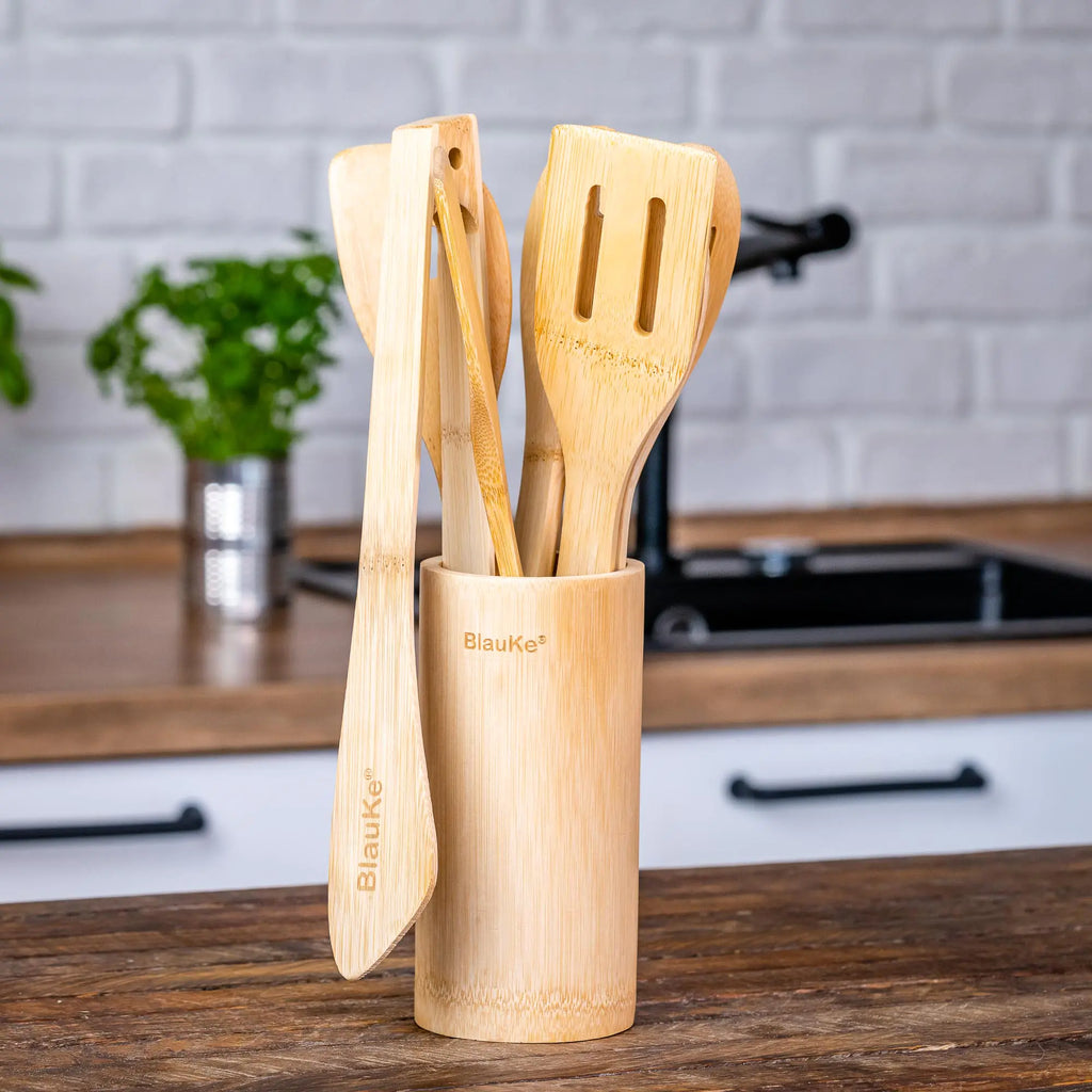 Juego de utensilios de cocina de bambú, paquete de 8: utensilios de cocina de madera antiadherentes: cucharas de cocina de madera, espátulas, espátulas, pinzas y soporte para utensilios