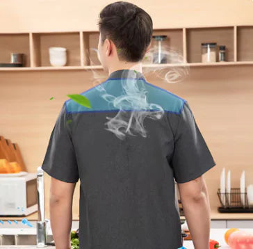 Chaqueta de chef negra de manga corta, uniforme de cocina
