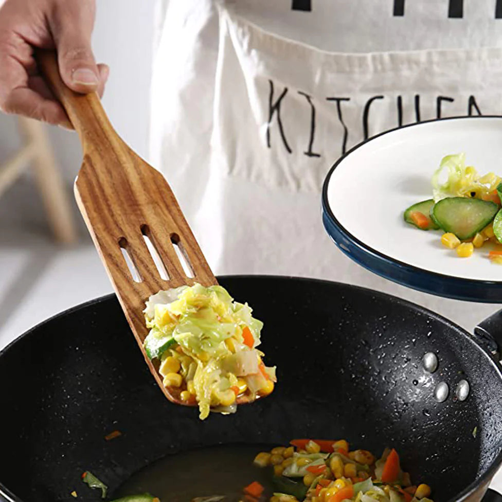 Juego de espátula de cocina de mango largo de madera de teca y acacia: ¡perfecta para mezclar y servir con estilo!