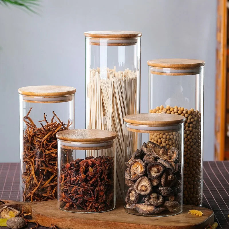 Recipientes para almacenar alimentos de vidrio de borosilicato recubierto de bambú