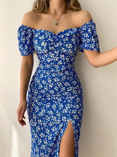 Floral Print Short Sleeve Hip Wrap Party Dress