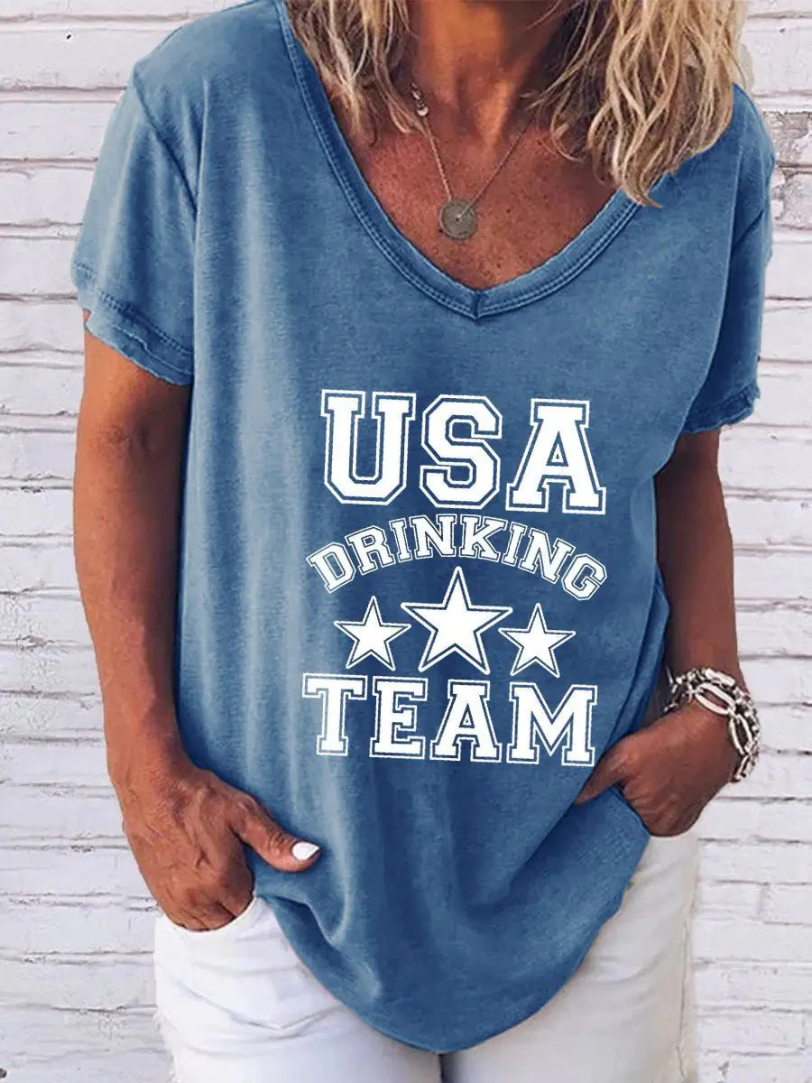 Camiseta estampada para mujer con el "Equipo de bebedores de EE. UU."