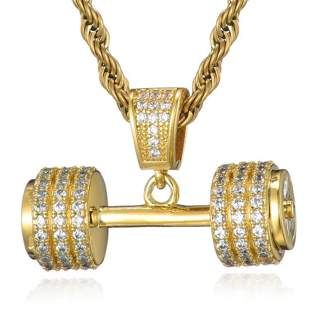 Mancuernas de gimnasio con cadena de cuerda y diamantes de imitación brillantes estilo hip hop