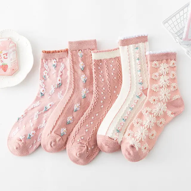 5 pares de calcetines con bordado de flores vintage
