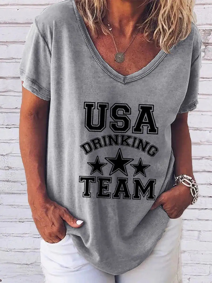 Camiseta estampada para mujer con el "Equipo de bebedores de EE. UU."
