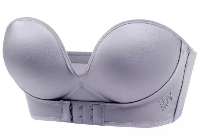 Sujetador push-up con hebilla delantera y trasera: diseño sin tirantes en V profundo, sin aros, lencería gruesa