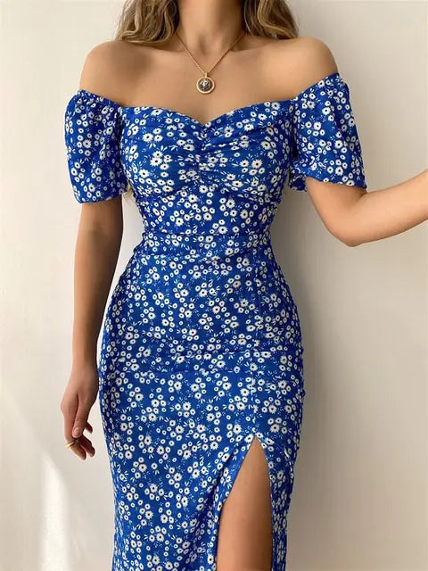 Vestido de fiesta cruzado hasta la cadera con manga corta y estampado floral