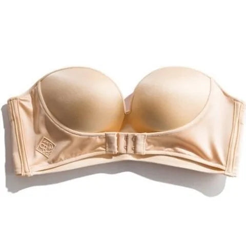 Sujetador push-up con hebilla delantera y trasera: diseño sin tirantes en V profundo, sin aros, lencería gruesa