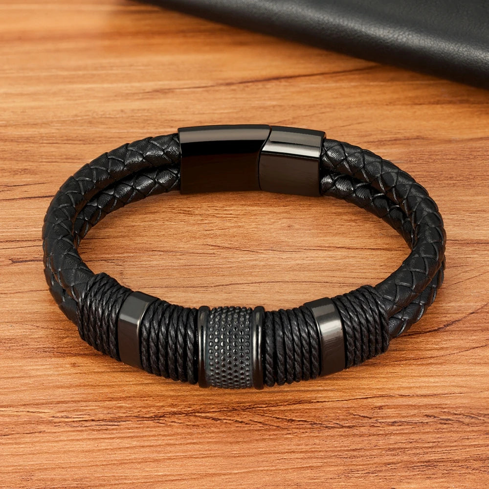 Pulsera de cuero tejido de doble capa para hombre XQNI